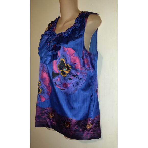 Blue Hawaiian Tank Top Sz 10 ECI New York Vintage Silky Look Floral Tropical 10 - Picture 2 of 12